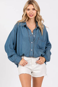 Thumbnail for V-NECK LAPEL COLLAR SHIRT- Denim: DENIM