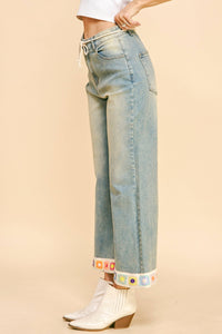 Thumbnail for PLUS CROCHET TRIM STRAIGHT LEG LIGHT DENIM JEANS