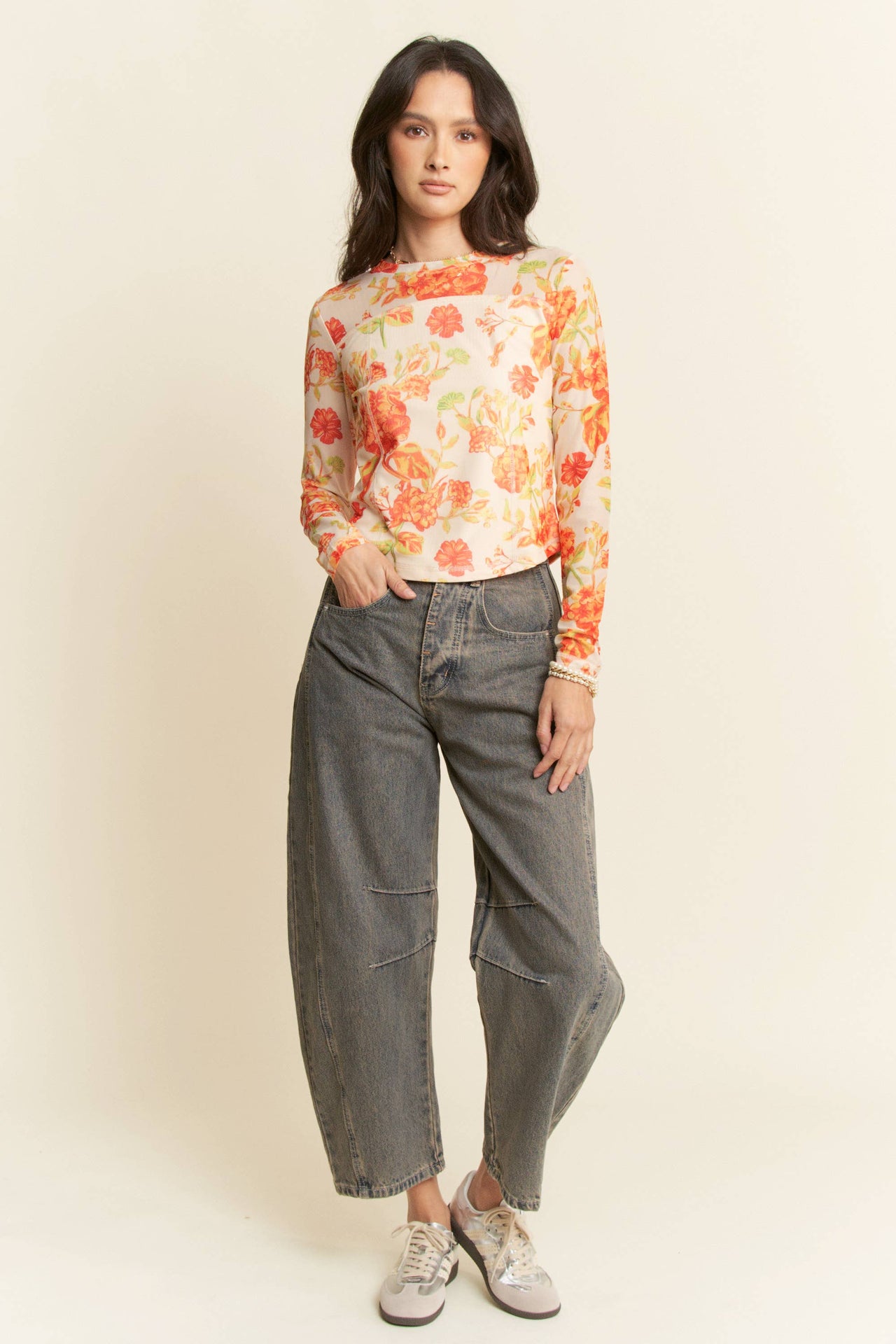 FLORAL PRINT MESH LONG SLEEVE LAYERING TOP