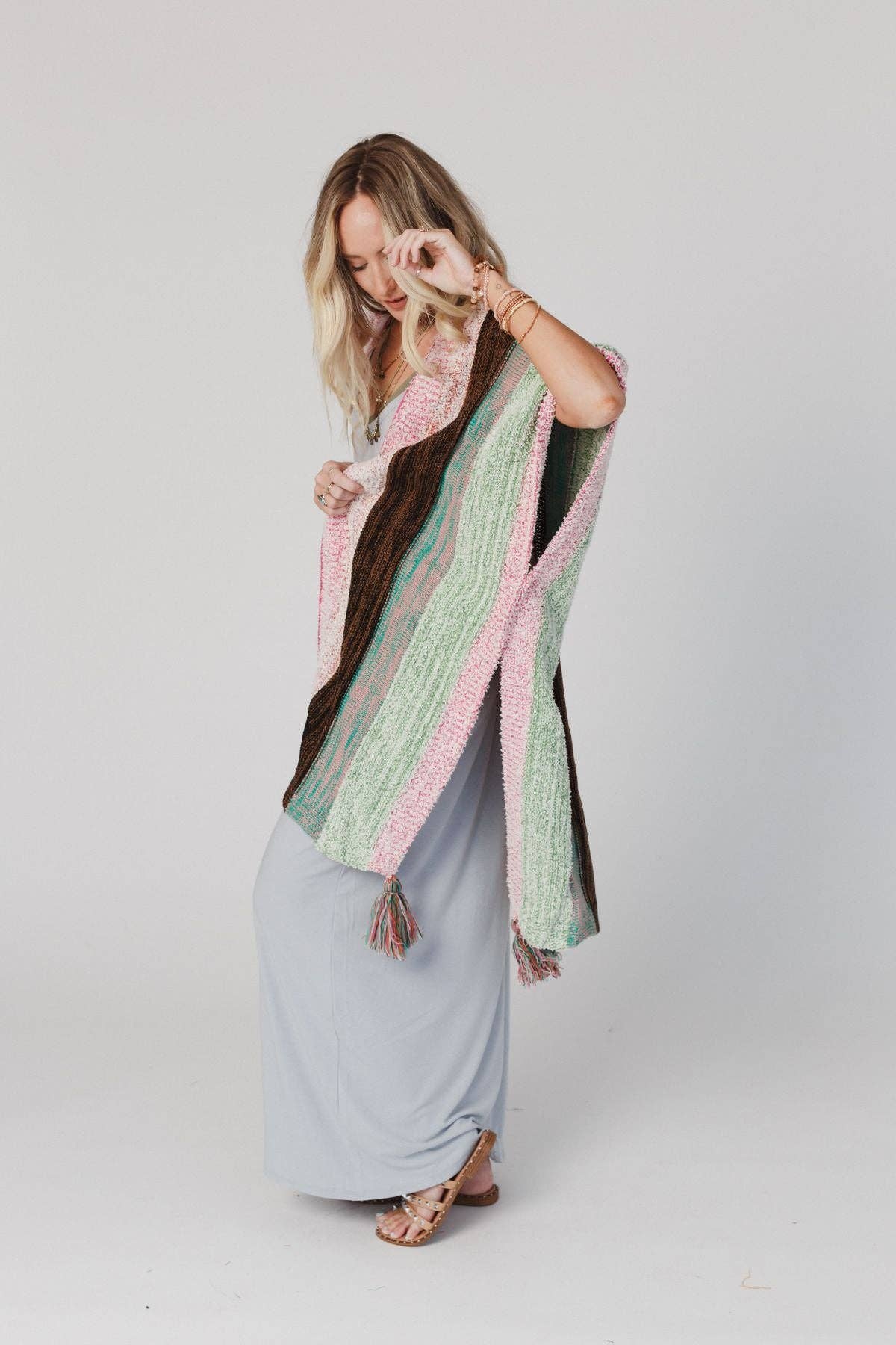 Wandering Soul Striped Tassel Ruana - Mint: OS - Wrap