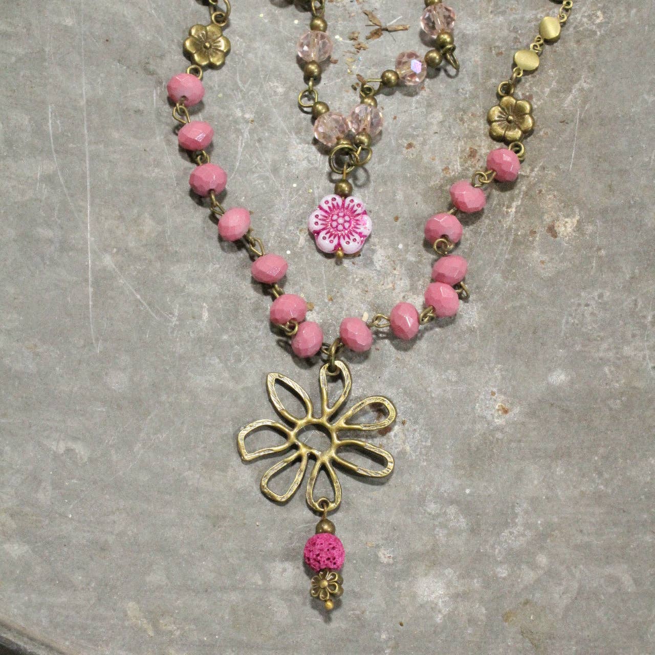 Flower Power Czech Pink Layered Necklace