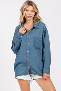 Thumbnail for V-NECK LAPEL COLLAR SHIRT- Denim: DENIM