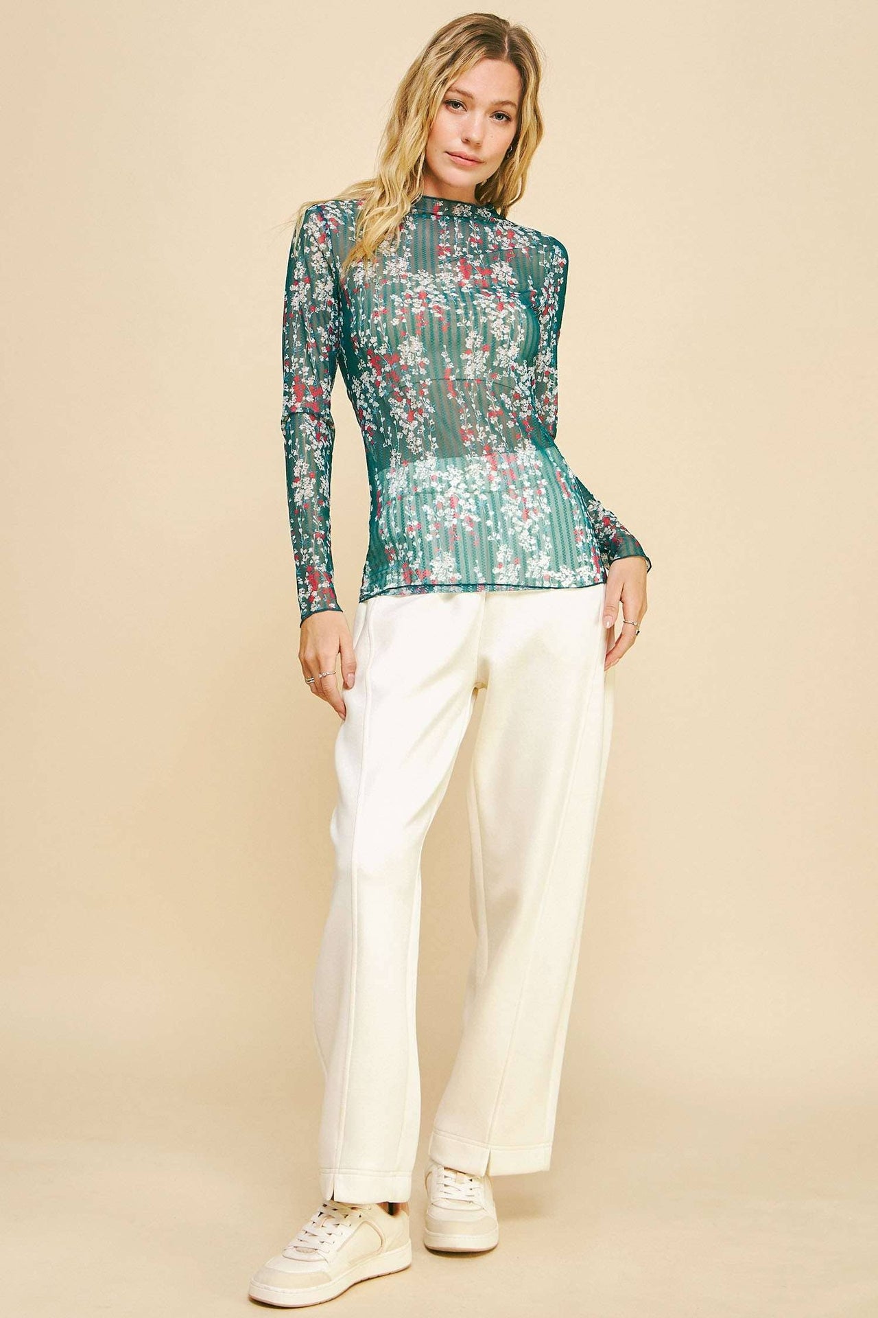FLORAL PRINTED LAYERING LONG SLEEVES MESH TOPg