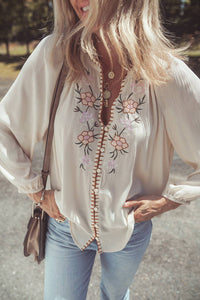Thumbnail for Floral Embroidered Textured Buttoned Shirt | S-XL