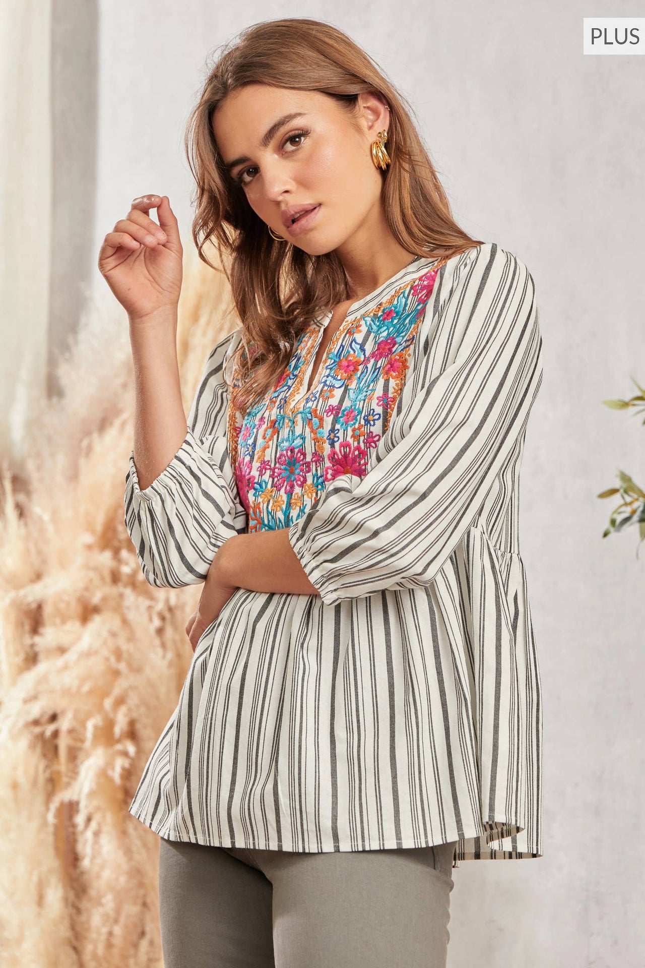 PLUS SIZE Babydoll Print Top  IVORY BLACK