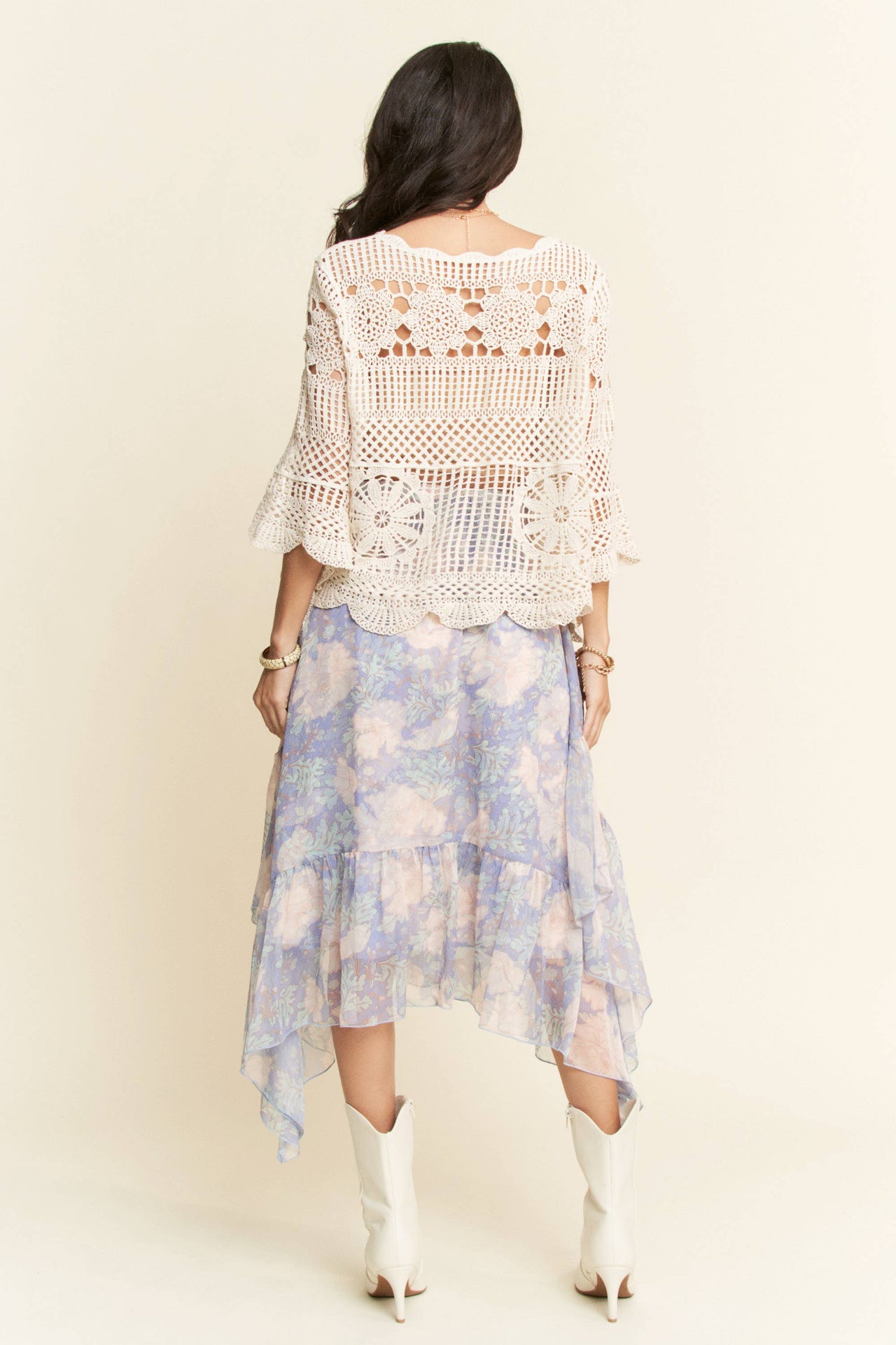 CROCHET LACE SOLID 3/4 SLEEVES TOP BLOUSE