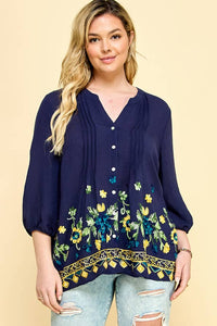 Thumbnail for PLUS SIZE 3/4 SLEEVE EMBROIDERED BLOUSE