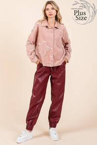 Thumbnail for Plus Drop Shoulder Corduroy Shacket Pink Dust