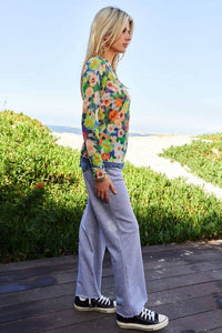 Thumbnail for PLUS FLOWER PRINT MESH ROUND NECK LONG SLEEVE TOP: Green Multi / 1XL