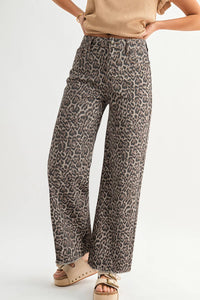 Thumbnail for Leopard Frayed Edge Wide Leg High Waist Jeans