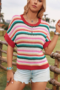 Thumbnail for Trimmed Ruffle Sleeve Colorful Textured Sweater