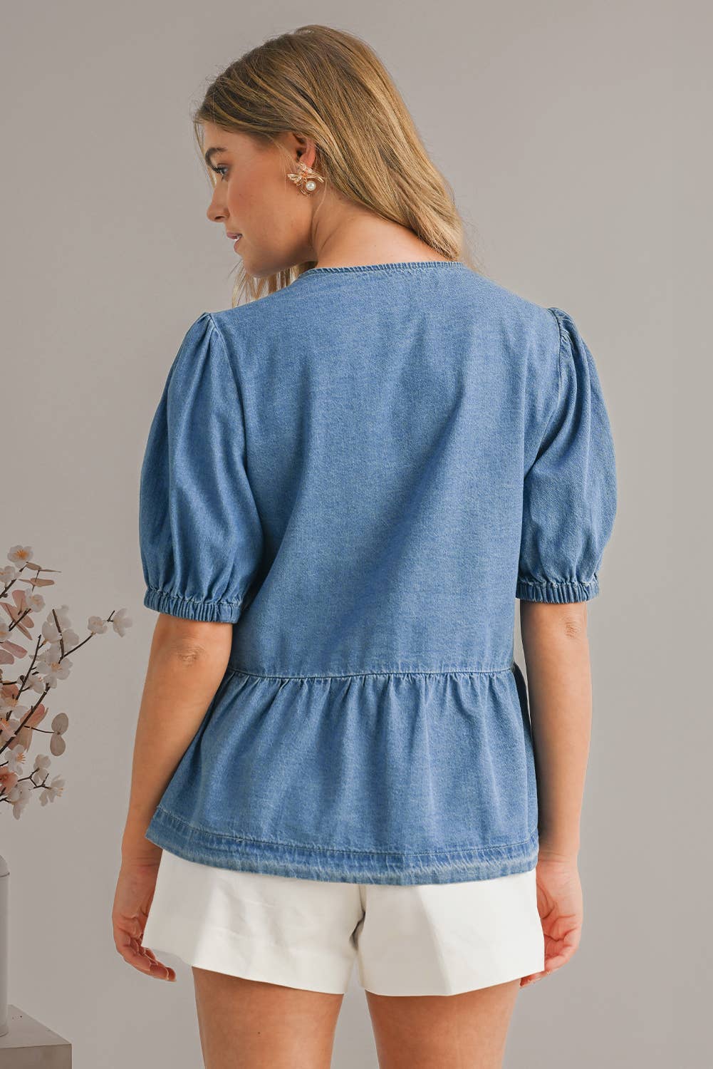 Puff Sleeve Cute Tied Trim Denim Shirt