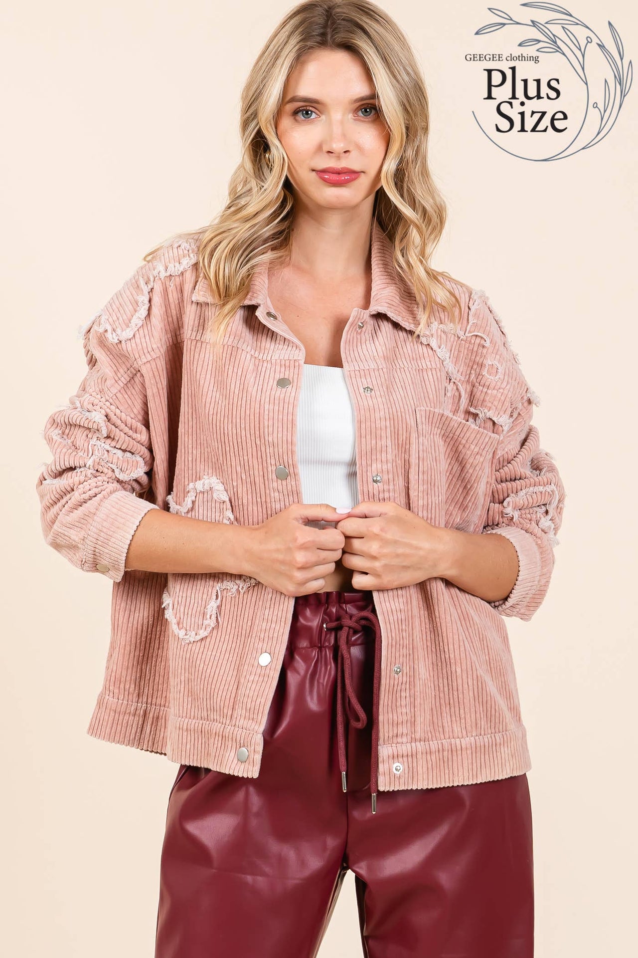 Plus Drop Shoulder Corduroy Shacket Pink Dust