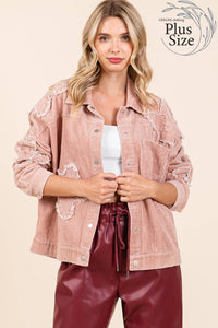 Thumbnail for Plus Drop Shoulder Corduroy Shacket Pink Dust