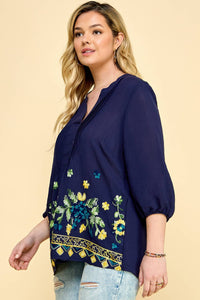 Thumbnail for PLUS SIZE 3/4 SLEEVE EMBROIDERED BLOUSE
