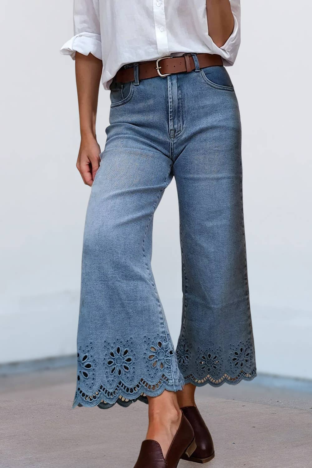 Embroidered Cropped Wide Leg High Waist Jeans
