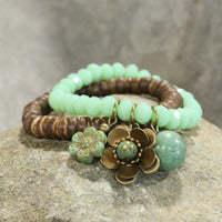 Thumbnail for Vintage Stone & Wood Czech Flower Drop Stretch Bracelet Set