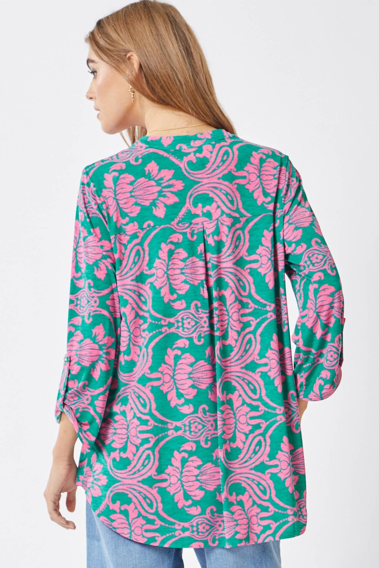 3/4 Sleeve Lizzy Wrinkle Free Blouse: Emerald Pink