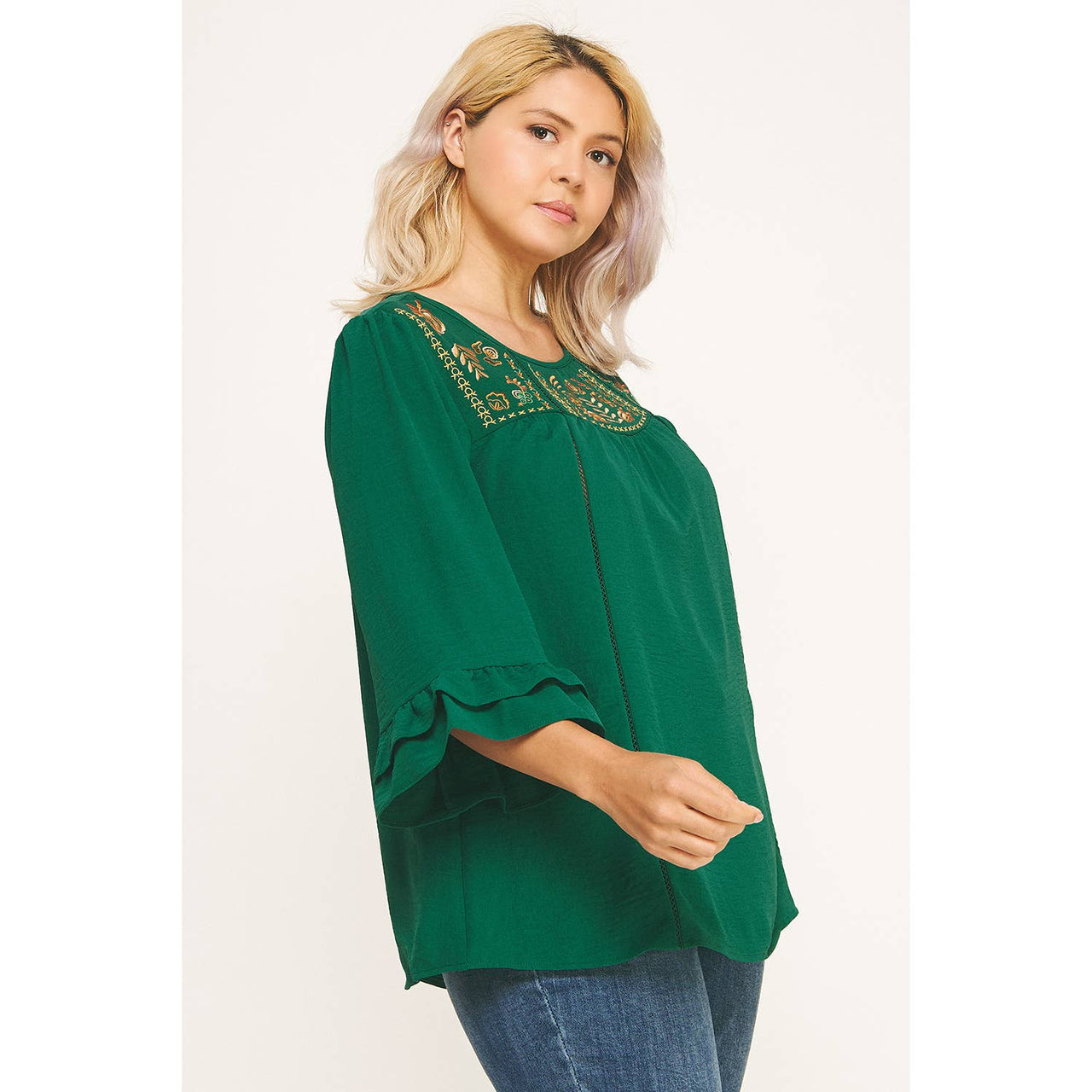 PLUS SIZE EMERALD RUFFLE BLOOM EMBROIDERED BLOUSE