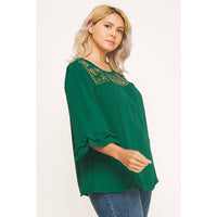 Thumbnail for PLUS SIZE EMERALD RUFFLE BLOOM EMBROIDERED BLOUSE