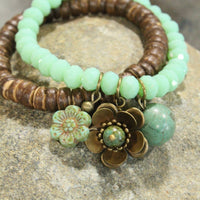 Thumbnail for Vintage Stone & Wood Czech Flower Drop Stretch Bracelet Set