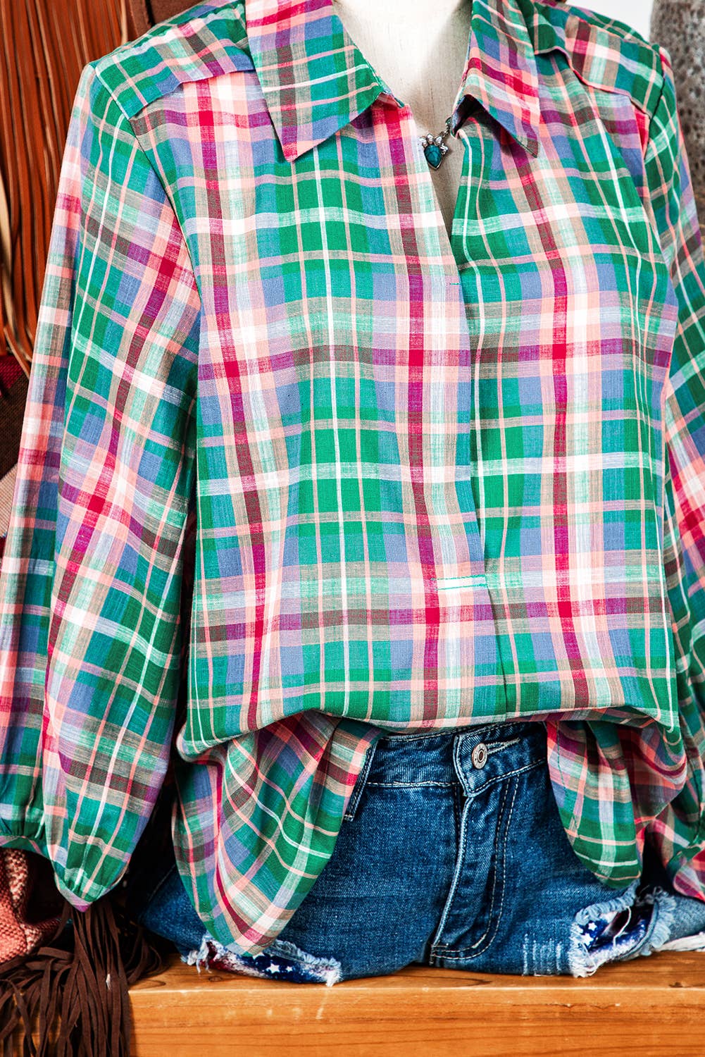 Checkered 3/4 Sleeve Collared Loose Fit Shirt