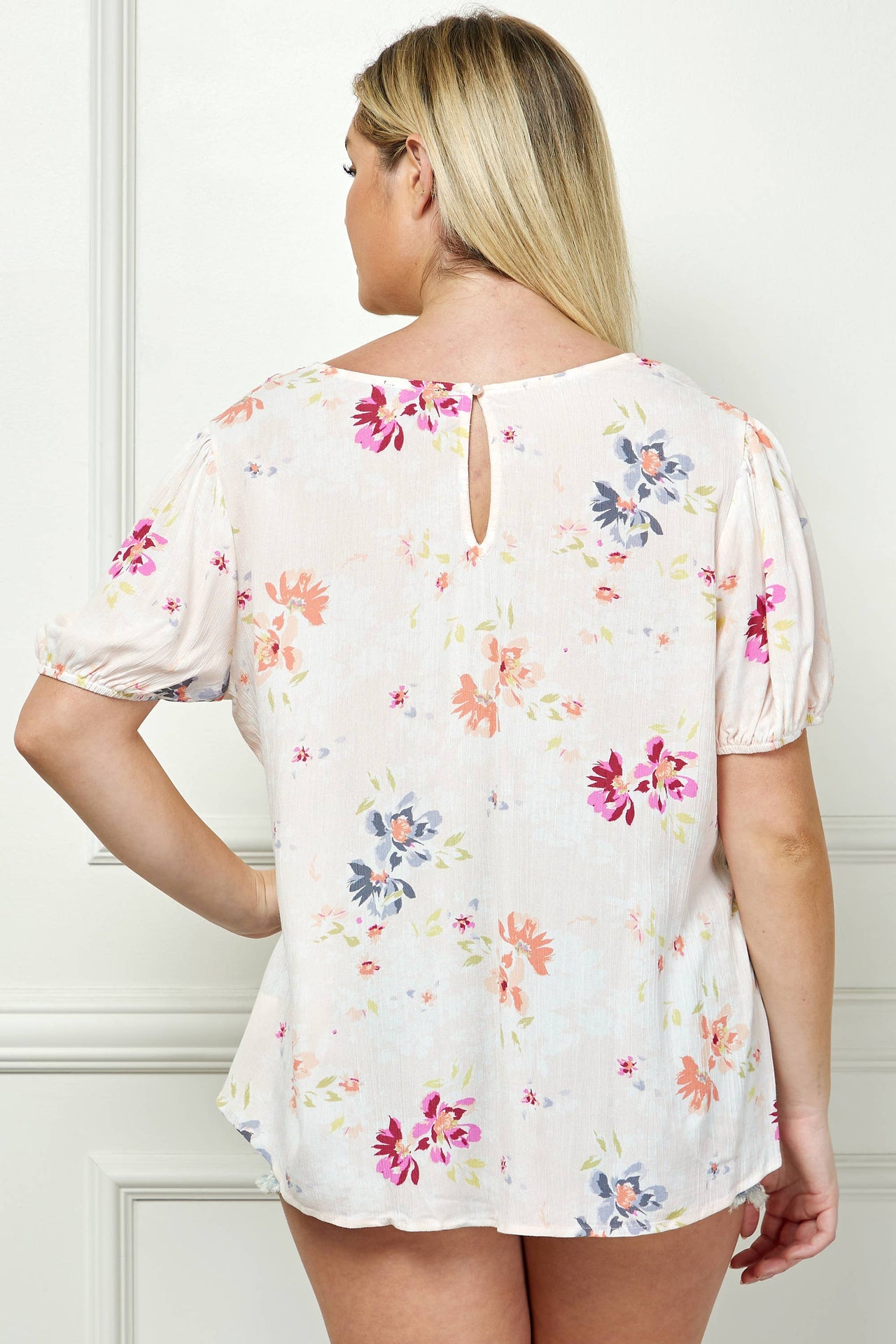 PLUS SIZE FLORAL PRINT SMOCKED TOP