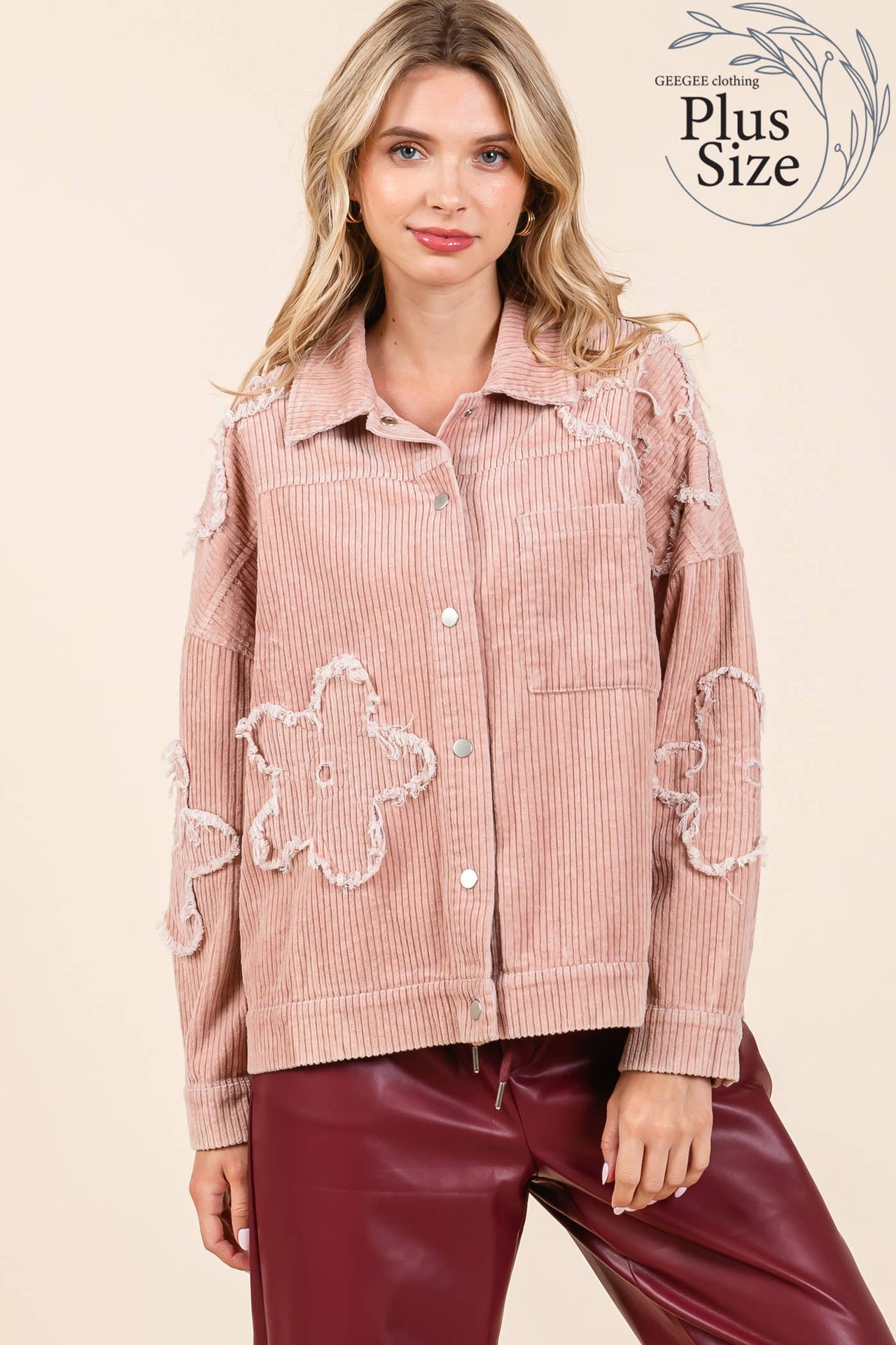 Plus Drop Shoulder Corduroy Shacket Pink Dust