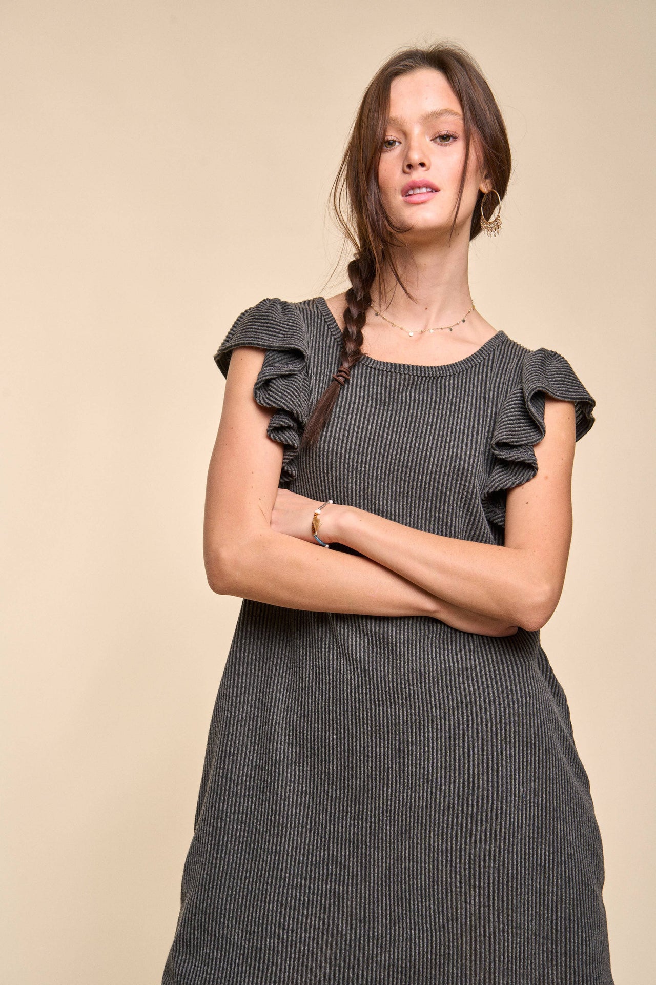 Solid ribbed ruffled short dress KRD4286
