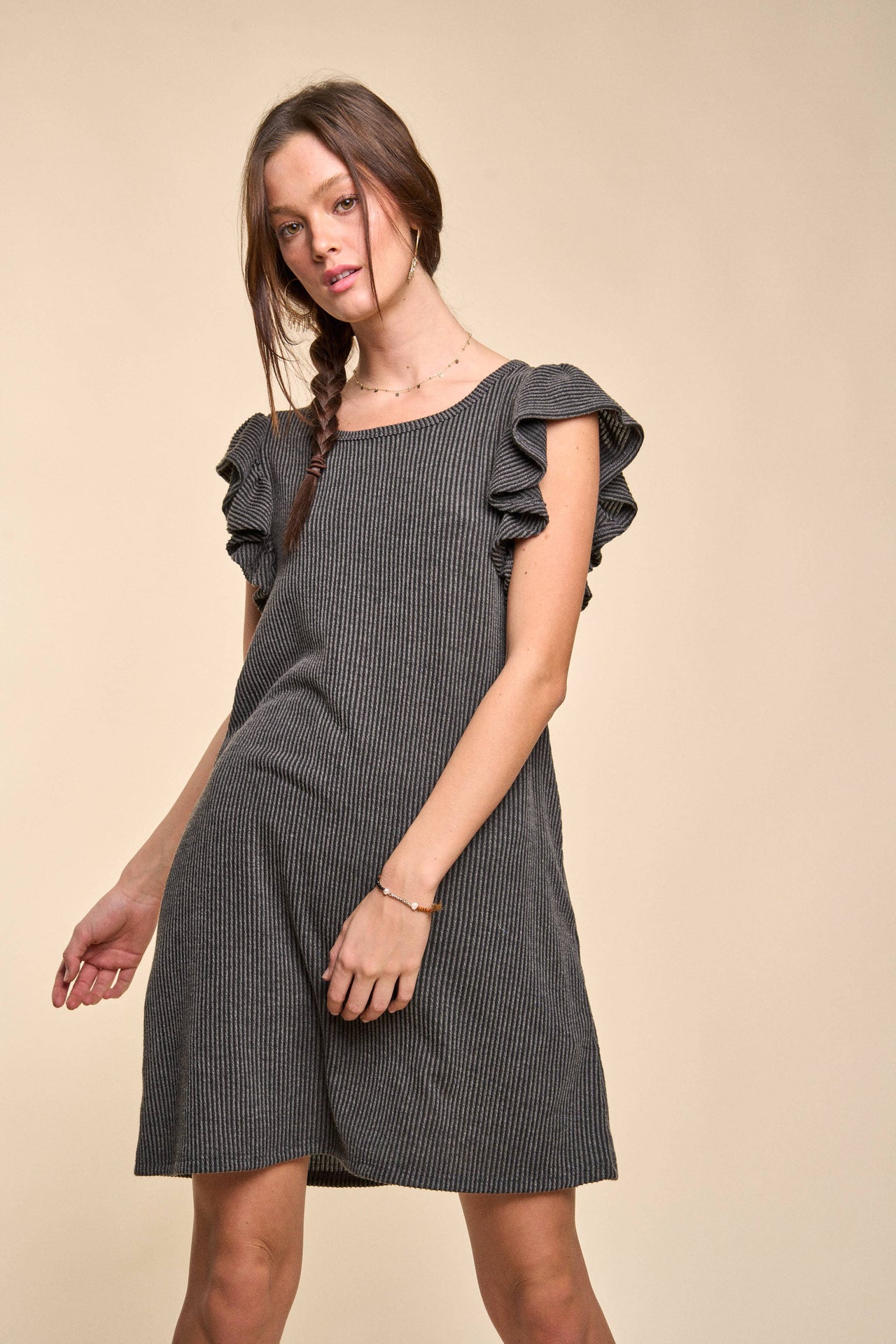 Solid ribbed ruffled short dress KRD4286