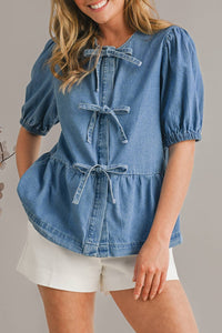 Thumbnail for Puff Sleeve Cute Tied Trim Denim Shirt