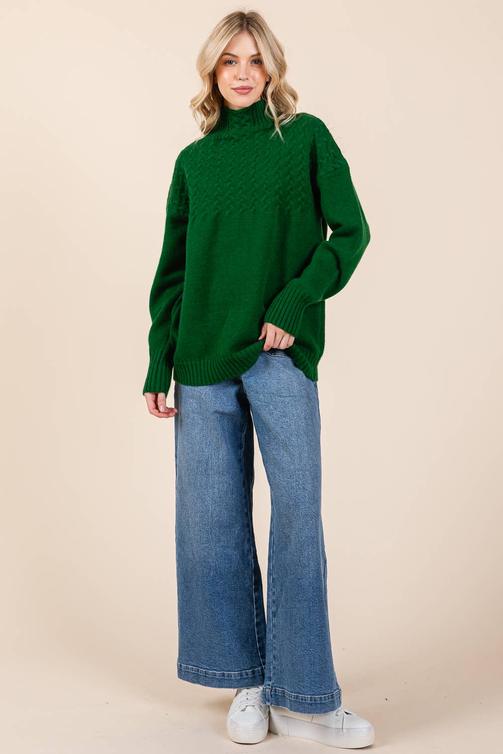 Oversized Hunter Green Cable Knit Sweater with Mock Neck