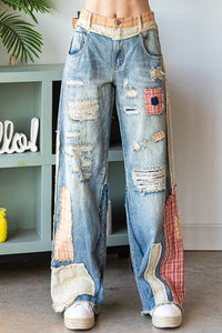 Thumbnail for PATCH DETAIL WIDE STRAIGHT DENIM Pants