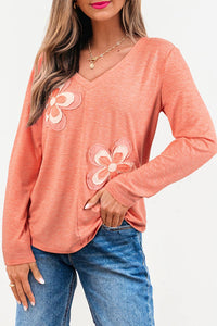Thumbnail for Flower Patch V Neck Long Sleeve Pullover