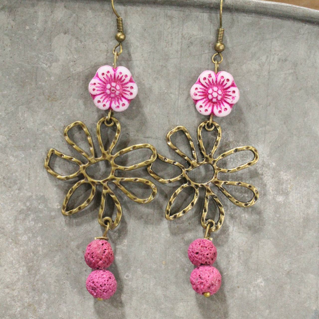 Flower Power Czech Pink Dangle Earrings
