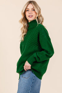 Thumbnail for Oversized Hunter Green Cable Knit Sweater with Mock Neck