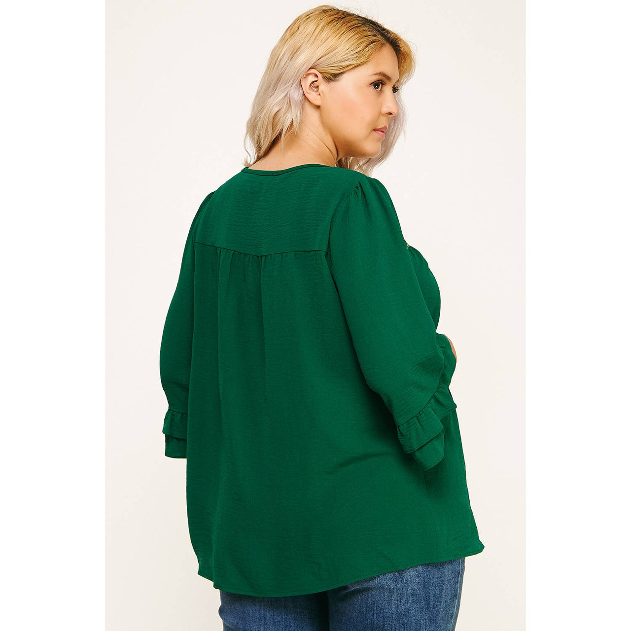 PLUS SIZE EMERALD RUFFLE BLOOM EMBROIDERED BLOUSE