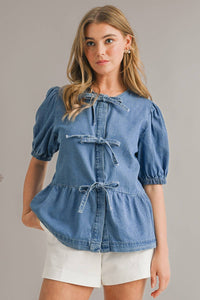 Thumbnail for Puff Sleeve Cute Tied Trim Denim Shirt