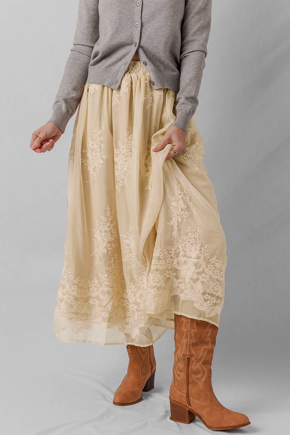 Grace  Embroidered mesh  Maxi Skirt | Layered Lace Detail