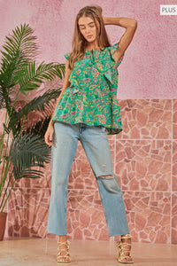 Thumbnail for PLUS SIZE Flutter Sleeve Blouse: EMERALD