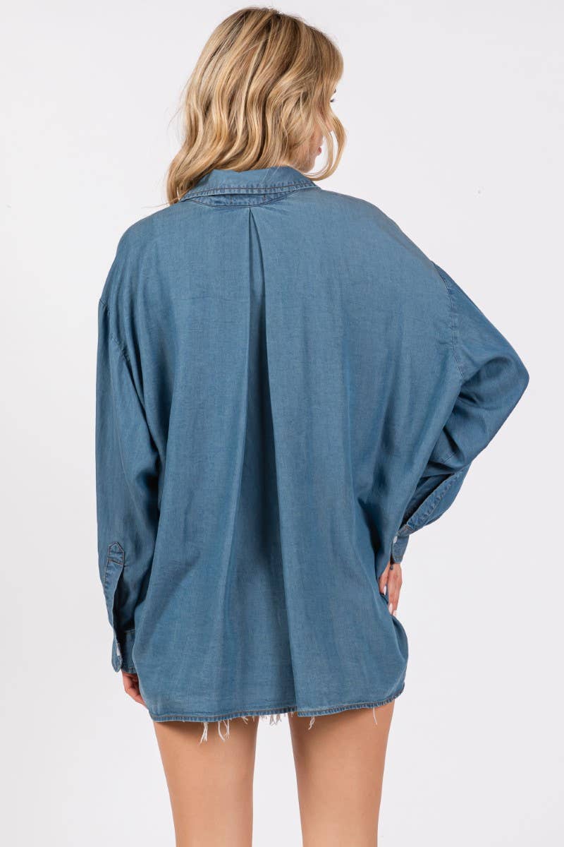 V-NECK LAPEL COLLAR SHIRT- Denim: DENIM