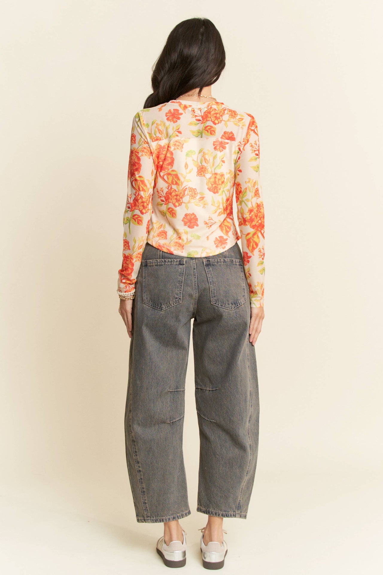 FLORAL PRINT MESH LONG SLEEVE LAYERING TOP