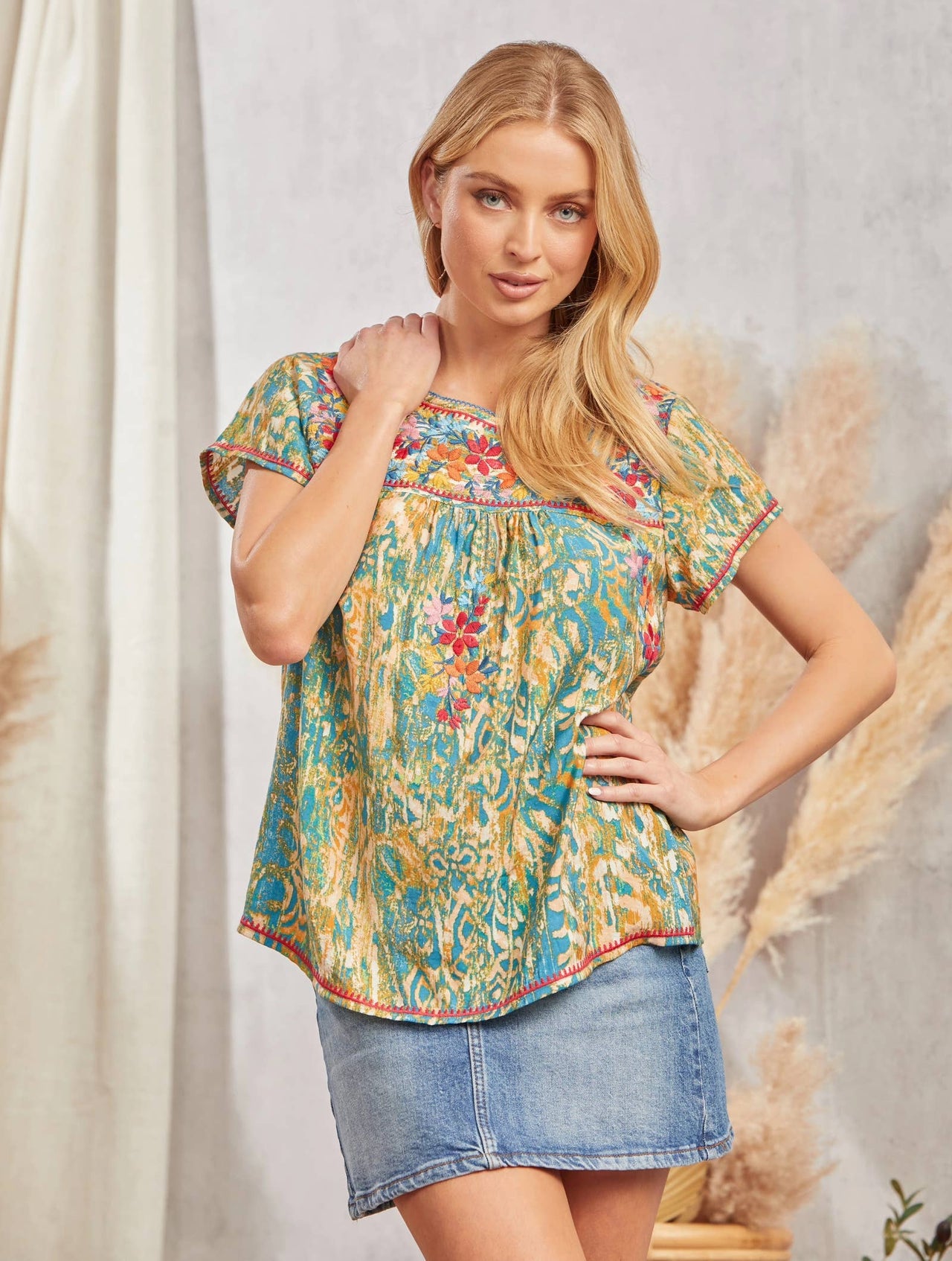 Printed Blouse With Embroidered Neckline: TEAL