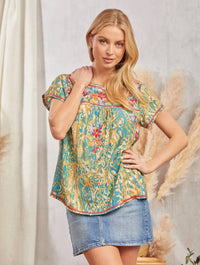 Thumbnail for Printed Blouse With Embroidered Neckline: TEAL