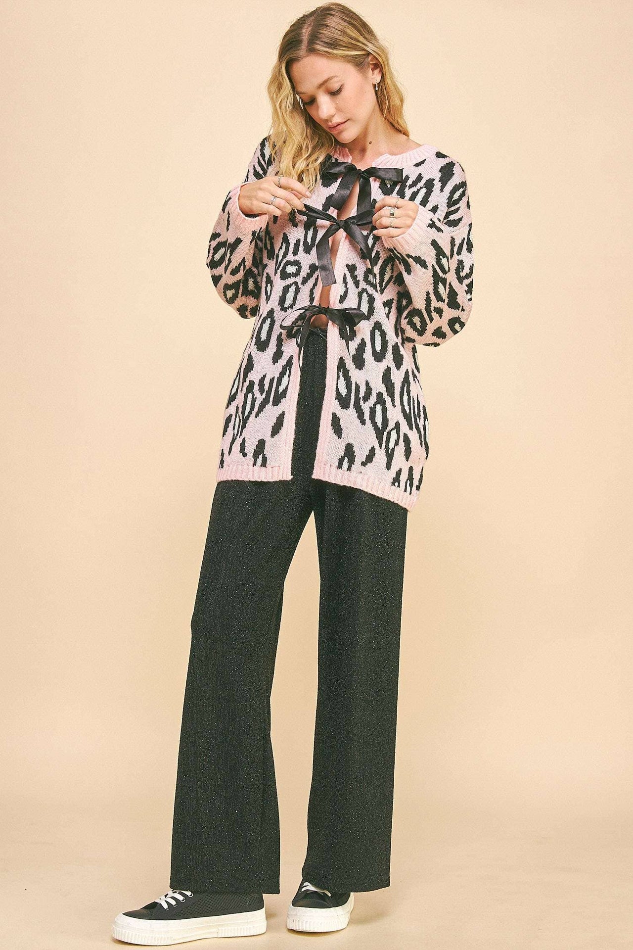 PLUS LEOPARD RIBBON TIE FRONT LOOSE FIT CARDIGAN