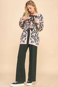 Thumbnail for PLUS LEOPARD RIBBON TIE FRONT LOOSE FIT CARDIGAN
