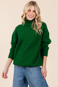 Thumbnail for Oversized Hunter Green Cable Knit Sweater with Mock Neck