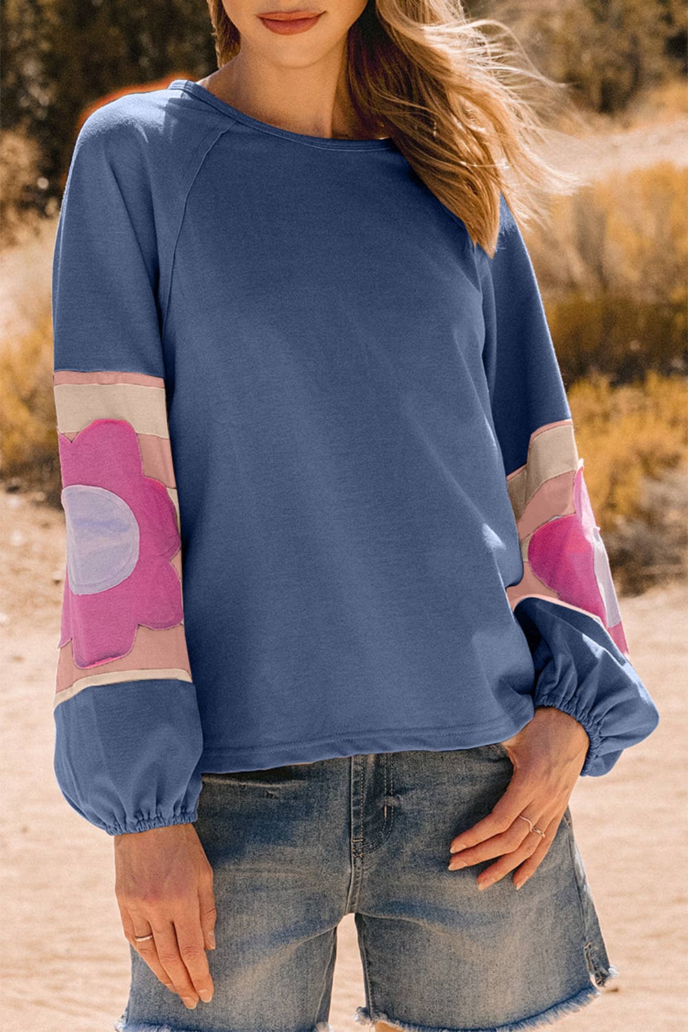 Flower Patchwork Raglan Sleeve Exposed Seam Oversized Top