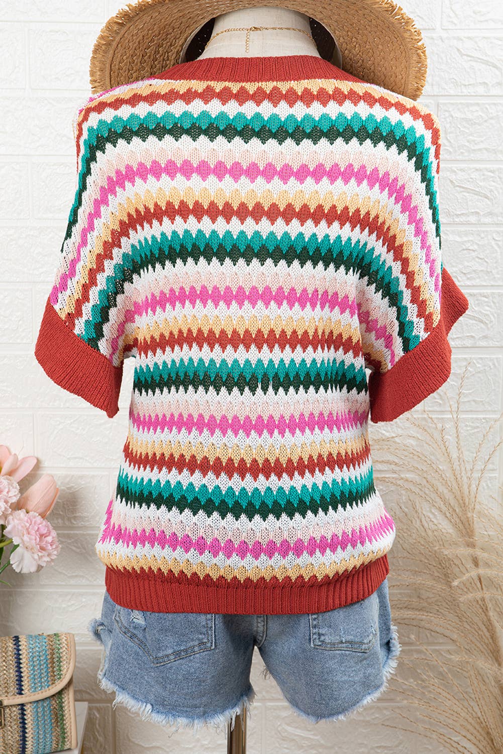 Trimmed Ruffle Sleeve Colorful Textured Sweater