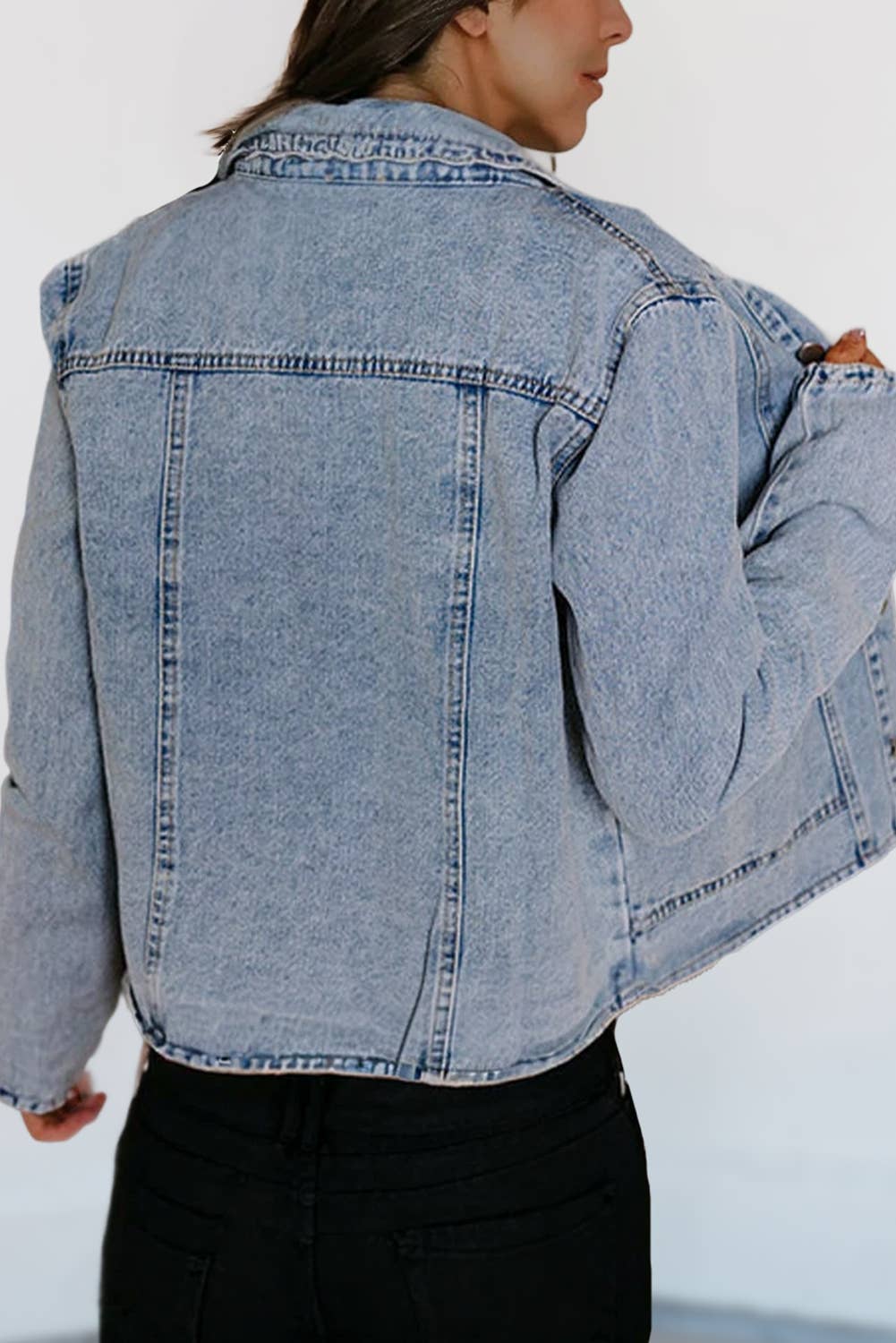 Scallop Trim Collar Patched Pocket Denim Jacket